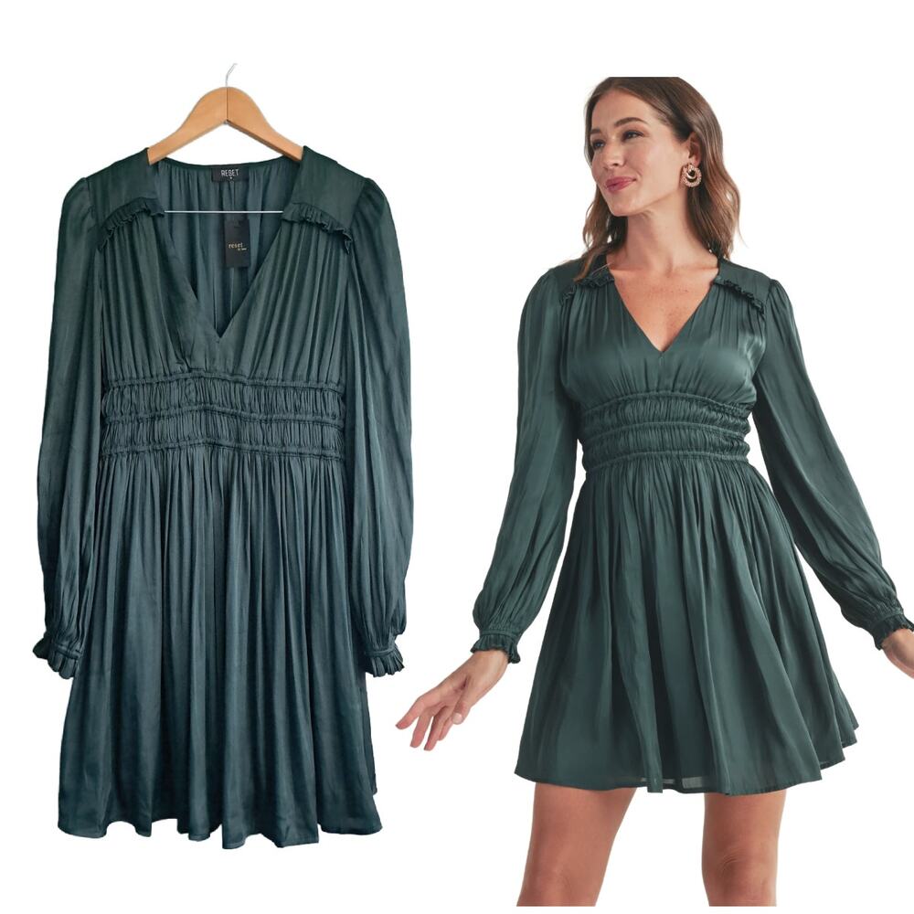 NEW RESET Green Plisse Satin Mini Dress Medium Balloon Sleeve V-neck